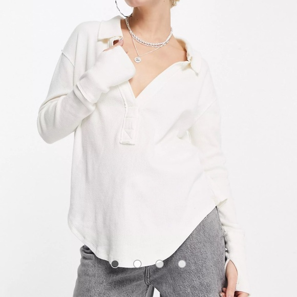 Free People Tops - Women’s white Free People collared v-neck sweater in ecru collar boho